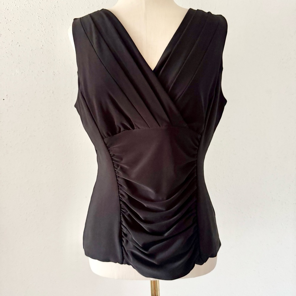 WHBM Pleated V-Neck Sleeveless Top with Ruched Front Black Women's Size Medium M - Picture 2 of 7